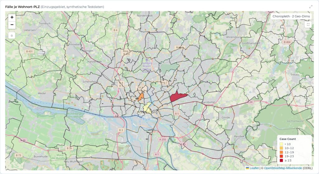 Karte Fälle je Wohnort-PLZ im Einzugsgebiet Hamburg im Geo-Modul von BI.primeboard, synthetische Testdaten