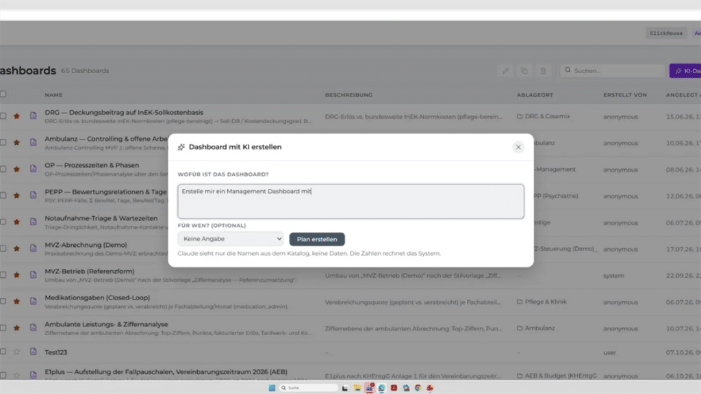 BI.primeboard Funktionen im Fokus 1 BI.primeboard: Dialog „Dashboard mit KI erstellen“ mit eingetipptem Auftrag für ein Management-Dashboard